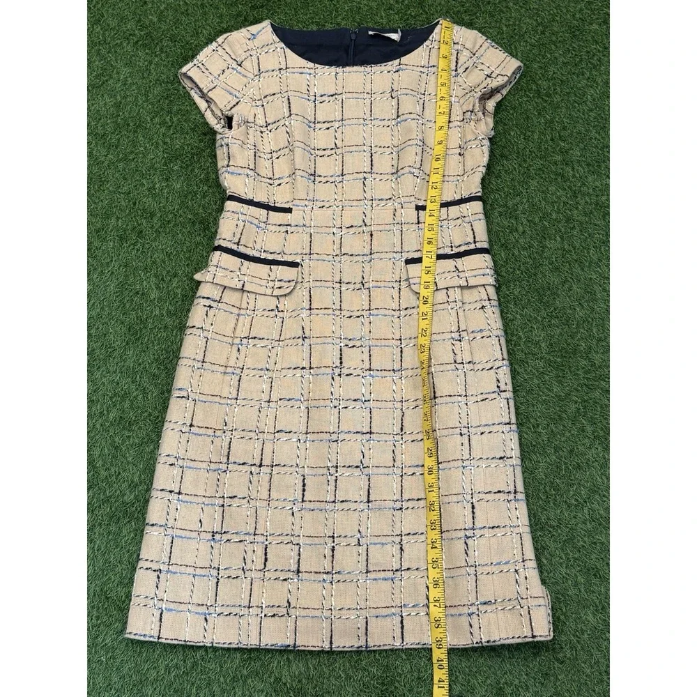 Tory Burch Evie‎ Career Dress Size 10 Woven Neutral Tan Blue Quiet Luxury